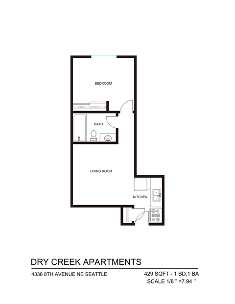 Floor plan for 1 bed, 1 bath, 429 sqft
